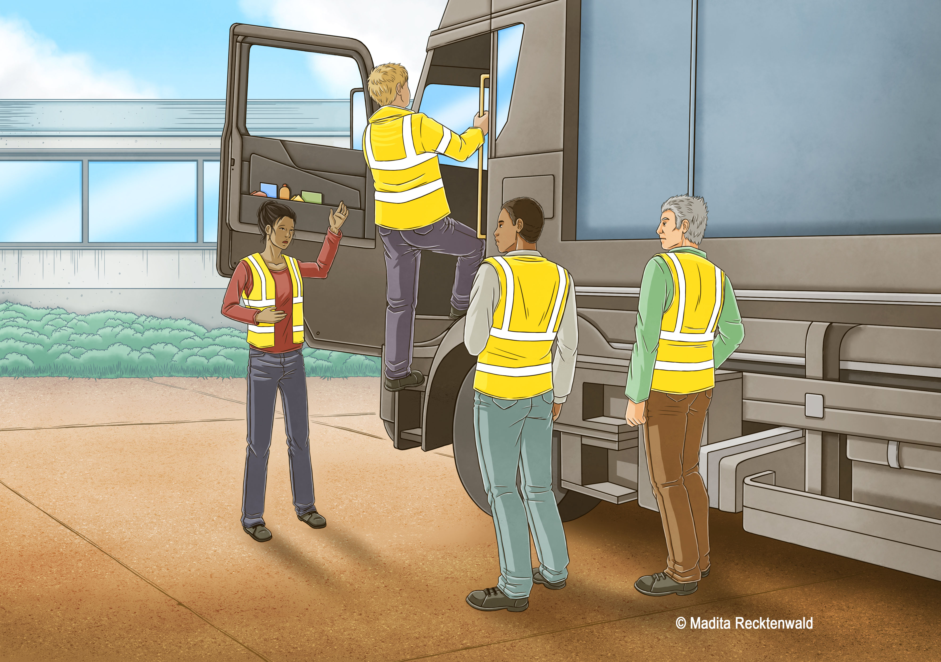 Trainer is instructing driving personnel near a truck cabin